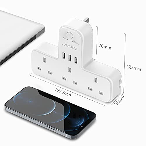 Plug Adapter 3 Way with 3 USB Charging ports,JSVER Plugs Extension Multi Sockets Wall Charger Adapter 13A UK Power Socket with Swithch for Bedroom,Office,Kitchen,White - Image 6