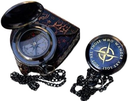 Antique Brass Engraved Compass with Leather Carry Case & Chainmail Push Open Pocket Compass for Traveling Camping Hiking Tool