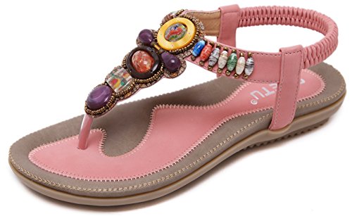DolphinBanana Colorful Summer Vacation T Strap Flat Sandals Pink Open Toe Thongs Jewels Gem Beads Dressy Casual Daily Wear Flip Flop Fashion Design for Women Girls Seaside Beach Match