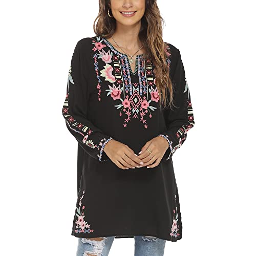 Grosy Boho Embroidered Tunic Tops Loose Fit Long Sleeve Mexican Peasant Blouses, Plus Size Bohemian Tunics Hippie Clothes Black #TOP1