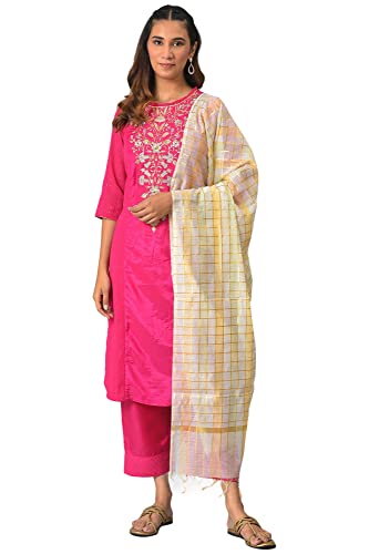 Image of Aurelia Women Solid Silk Kurta Set with Palazzo & Dupatta