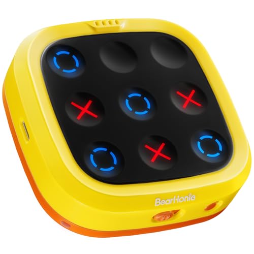 BearHonie 4-in-1 Handheld Tic Tac Toe Game Portable Electronic Board Games for Kids & Adults, Travel Games, Birthday Gifts, Yellow