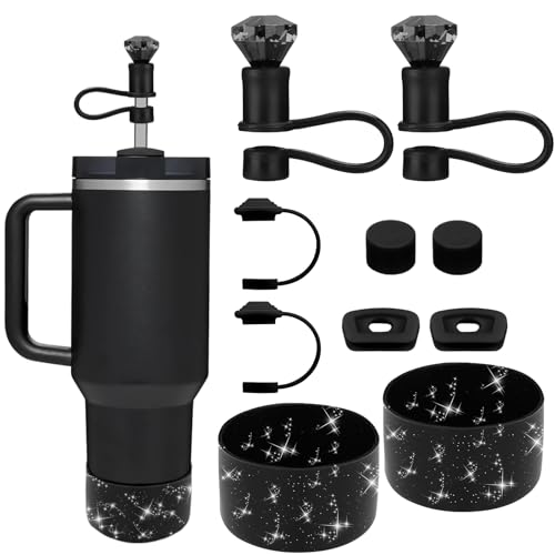 Mity rain Set for Stanley Cup Accessories, Including 2Pcs Straw Topper, 4 Pcs Silicone Spill Proof Stopper, 2Pcs Protective Glitter Silicone Boot, Set for Stanley Cup 40/30 OZ(2 Black)