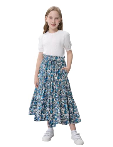 Image of Maxi Skorts Skirt for Girls Button Front High Waisted Long Skirt with Belt Ruffled Skirts with Pocket 3-12Years