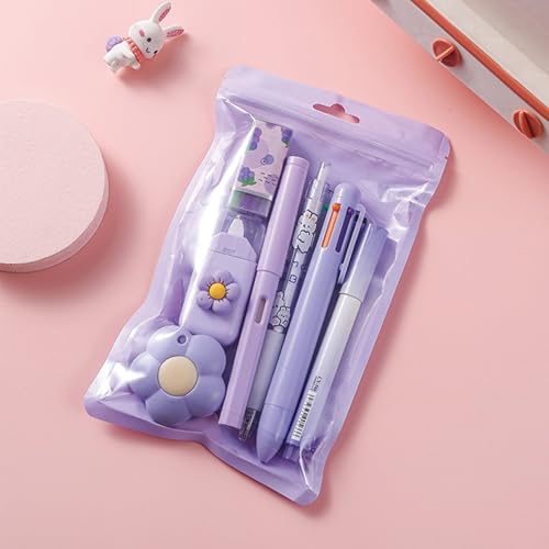 7 Pcs Cute Purple Stationery Set Kawaii School Supplies Office Supplies Including Ballpoint Pens Pencil Sharpener Highlighter Correction Tape Ruler Utility Knife (Purple) - Image 2