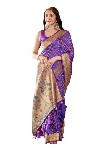 MANOHARI Purple Patola Silk Saree with Zari Border & Blouse Piece_MN2171