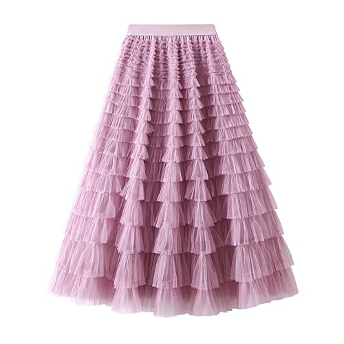 ebossy Women's Sweet Ruffled Tutu Tulle Fairy Skirt Elastic High Waist Tiered Mesh Mid Skirt with Lined