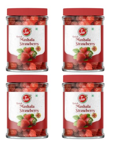 Image of JAI DRY FRUITS MASHALA Strawberry | Chatpata Dry Strawberry | Premium Dehydrated Snack | Tangy & Spicy & Sweet Healthy Fruit Snack | Ready to Eat | Rich in Fiber | Pack of 4 | 150g Each