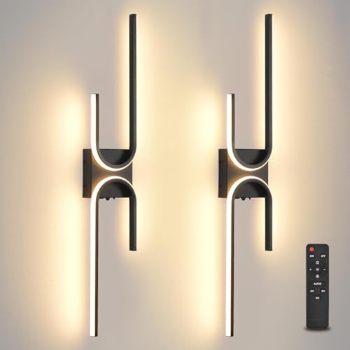 Image of Battery Operated Wall Sconce with Remote Control, USB Rechargeable Wireless Wall Sconce Set of 2, LED Dimmable Wall lamp, 3 Color /Timer /Memory, Black Wall lights for Bedroom Living Room, 31.5 inch