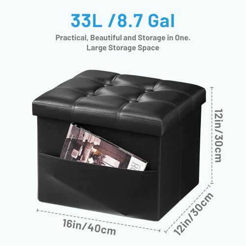 Image of Bsketa Storage Ottoman Bench,16 Inch Folding Leather Foot Rest Stool, Black | Small Ottoman with Side Pockets, Thicker Foam Padded Seat, Livingroom, Dorm, Bedroom, Easy to install, 38L,16x12x12in
