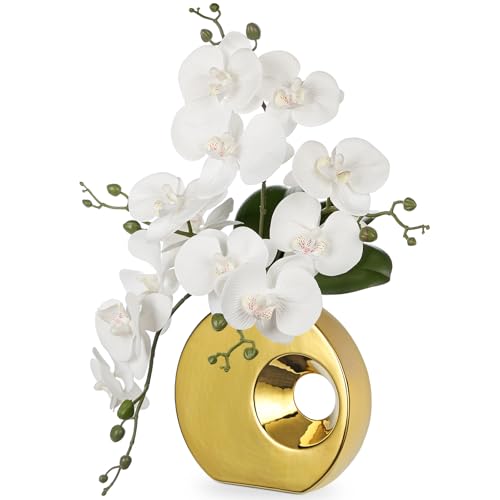 Kunstpflanze Orchideen mit Keramik Donut Vase Künstliche Blume Phalaenopsis Kunstblumen Wie Echt Mit Real-Touch Blüten im Keramiktopf für Tischdekoration Wohnkultur Büro Hochzeitsfeier Dekoration