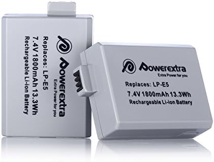 Powerextra 2 Pack Replacement Canon LP-E5 Battery and USB Charger 7.4V 1800mAh,Compatible for Canon EOS Rebel XS, Rebel T1i, Rebel XSi, 1000D, 500D, 450D, Kiss X3, Kiss X2, Kiss F