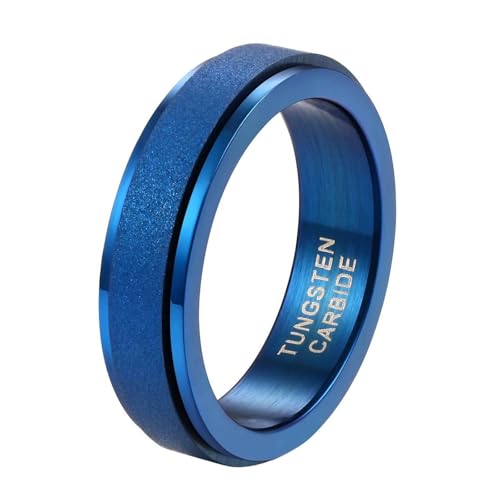 Bague homme bleu tungstène rotative 6mm mariage et vie active anneau élégant taille 54