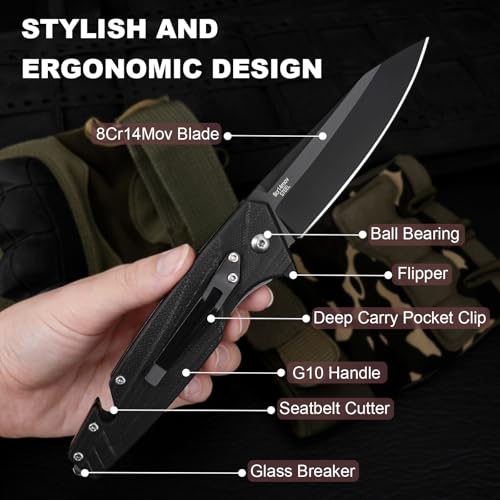 Image of AUBEY Pocket Knife, 8Cr14Mov Steel Blade 3.54 inch, Multitool Folding Knife HYG | Glass Breaker, Seat Belt Cutter, G10 Handle, Gift for EDC, Outdoor, Survival, Camping, Hiking, Outdoor Use & Road Trips