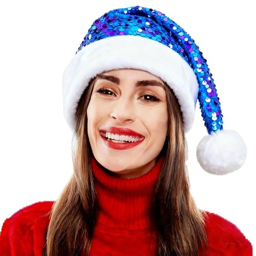 Ankelesz Sequin Santa Hat for Adults Christmas Hat for New Year Party Christmas Costume Supplies (Blue)
