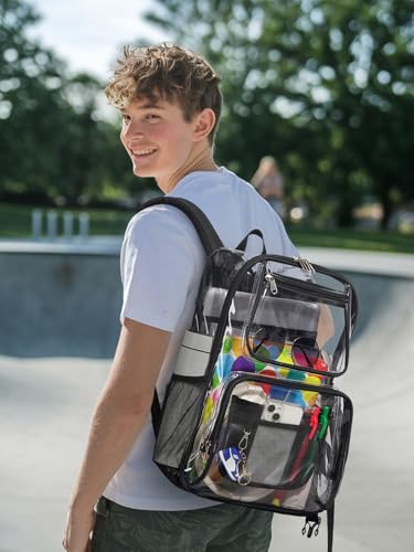 Heavy Duty Clear Backpack For Kids Women Men Boys Girls, 17 Inch Large See Through Backpack, 360° 3M Reflective Strips Clear Bookbag, Transparent Bag For School College Sport Work Travel, Black4