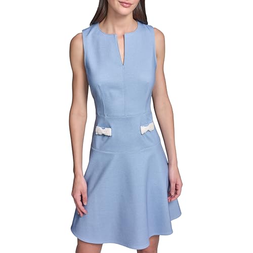Image of Karl Lagerfeld Women's Sleeveless Split Neck Printed Ponte Fit and Flare Pearl Embellishments Dress