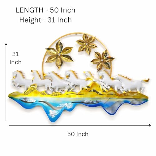 Image of Framing Hub - Metal Wall Decorative Multicolor Seven Running Horses with Floral Design Wall Hanging Decor for Vastu Living Room (Size 50x31 Inch)