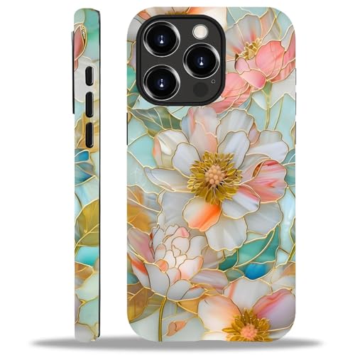 TAMEFOX Case for iPhone 15 Pro,Anti Drop Scratch Frosted Protective Cover Case for Women Girl-Stained Glass Gold Floral Art