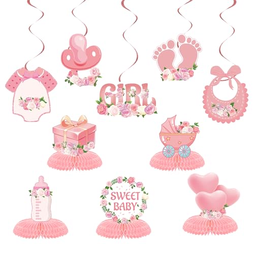Baby Shower Decorations for Girl, Hanging Swirls， Honeycomb Centerpieces for Baby Girl Gender Reveal Party Supplies (Baby Girl)