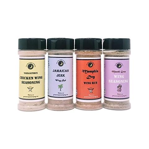 Premium | CHICKEN WING SEASONING Dry Rubs | Variety 4 Pack | Mardi Gras Chicken Wing Seasoning | Memphis Wing Dry Rub Dust | Tailgater's Wing Seasoning | Jamaican Jerk Wing Rub | Large Shakers Cover