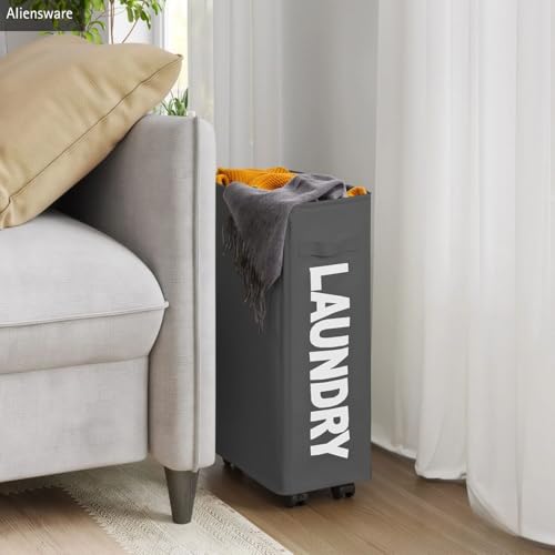 Image of Aliensware Laundry Basket Foldable with Wheels & Side Handle, Washing Clothes Storage Basket, Oxford Cloth Bin, Organizer,Movable Solution,Portable Laundry Bag,Collapsible Hamper-Aliens-Dark Grey