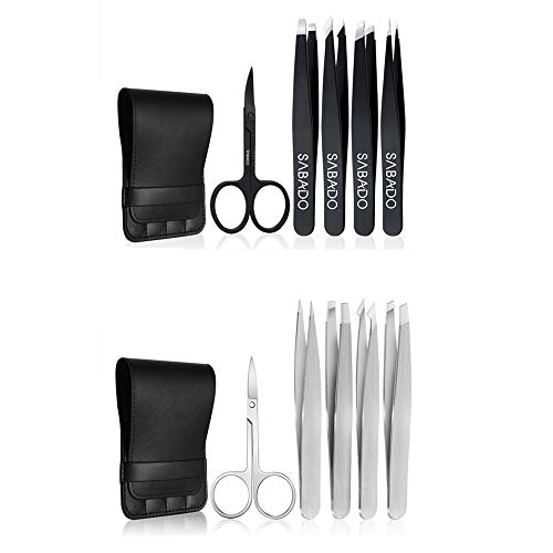 Precision Tweezers for Eyebrow Set with Curved Scissors 5Piece - Professional Stainless Steel Tweezers for Facial Hair, Eyelash, Brow Shaping with Leather Travel Case