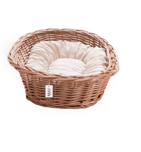 Wiklinowy Świat - Katzenbett Weidenkorb Hundebett, Weidenbett für Haustiere - Natürlich warm, atmungsaktiv und stilvoll - Verschiedene Größen 66x47x15cm - helles cremefarbenes Kissen