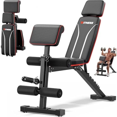 XDDIAS Hantelbank Klappbar mit Beinstrecker und Preacher-Curl-Polster, Verstellbar Trainingsbank für das Heim-Fitnessstudio, Faltbare Trainingsbank, Schnell Zusammenklappbare Neigung/Neigung