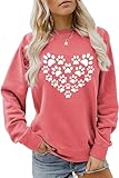Sunidol Womens Dog Paw Print Heart Graphic Long Sleeve Crewneck Pullover Loose Casual Cute Graphic Sweatshirts Tops Pink S