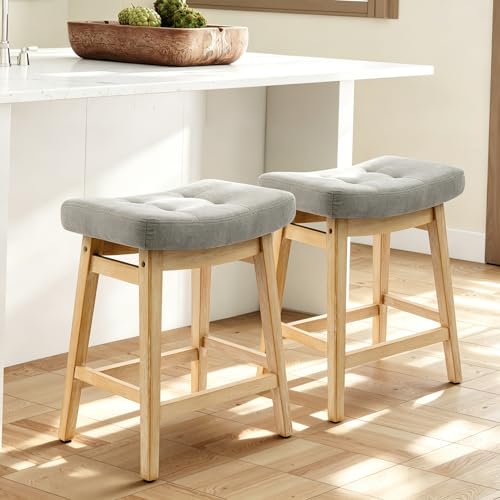 Counter Height Bar Stools Set of 2 for Kitchen Counter Farmhouse Modern Barstools with Upholstered Fabric Backless Seat and Solid Wood Legs 24 inch Bar Chairs, Grey + Wood Color