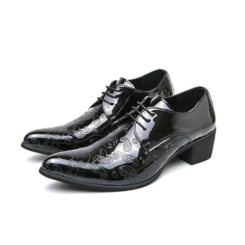 Men's Printing Pointed-Toe Patent Leather Derby Oxford Shoes,Classic Lace-up Low Top Block High Heel Fashion Slip On Prom Business Wedding Dress Shoes2