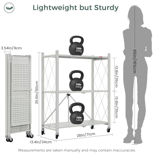 Image of DEANIC 3 Tier Foldable Storage Shelves with Wheels, Kitchen Appliance Stand, Freestanding Metal Wire Shelf Rack, No Assembly Organizer Rolling Cart for Garage, Basement, Pantry(Grey)