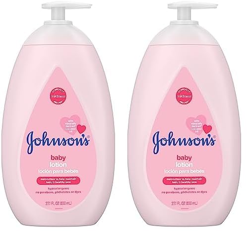 Image of Johnson's Moisturizing Mild Pink Baby Lotion with Coconut Oil for Delicate Baby Skin, Paraben-, Phthalate- & Dye-Free, Hypoallergenic & Dermatologist-Tested, Baby Skin Care, 27.1 Fl. Oz (Pack of 2)