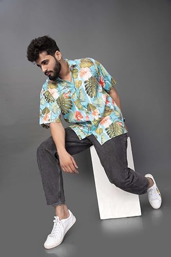 Image of BROWN CULTURE Men Loose Fit Casual Shirt | Oversized Cotton Blend Half Sleeve Shirt | Relaxed Fit Printed Fashion Shirts | Stylish Modern Graphic Streetwear Top for Men