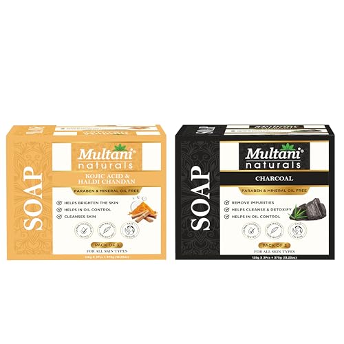 Image of Multani Natural Charcoal & Kojic Acid Soap For Oily Skin (125 Gm - Pack of 6) | For Blackheads & Acne Prevention | For Deep Cleansing & Glow | Paraben Free | Clinically Tested | For All Skin Types | Glycerin Soap Bar For Men & Women