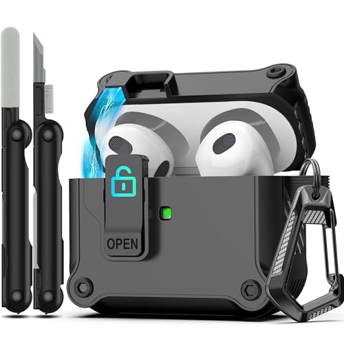 Image of RFUNGUANGO for Airpods 3rd Generation Case with Secure Lock Clip, Full Body Shockproof Hard Shell Protective,for AirPods 3 Case Compatible with Apple AirPod 3rd Gen 2021 [Front LED Visible] - Black