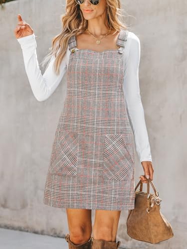 Image of CUPSHE Women Corduroy Fall Dresses Front Bib Pocket Square Neck Wide Strap Casual Overall Mini Dress
