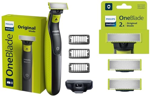 Image of Philips OneBlade QP2724 /10 Hybrid Trimmer for Men, Zero Trim, Dual Protect Blade + OneBlade Replaceable Blades Pack of 2 (QP220 /51), Lime | No Skin Contact, Safe Shave