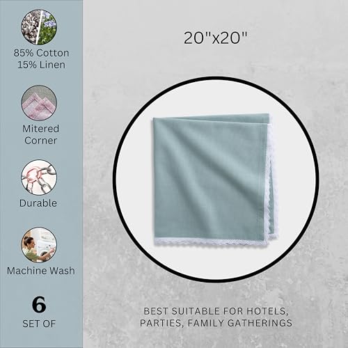 Image of FINGERCRAFT Lace Trim Cloth Napkins Set of 6, 20x20 Inch Cotton Linen Blend Dinner Napkins, Reusable Washable Table Napkins for Wedding, Farmhouse Dining, Parties & Home Decor (Aqua)