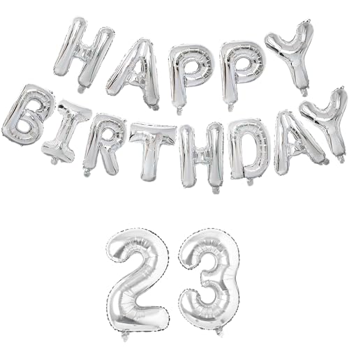 Image of Flyloons 23rd Silver Colour Happy Birthday Foil Balloon Set for 23 Year Old Boys Girls Men Women | with Number Twenty-three | 13 Letters Reusable Happy Birthday Metallic Foil Balloons Decoration Kit