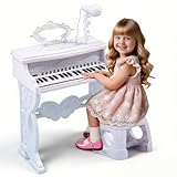 Teclado de Piano para Niños,37 Teclas Juguetes de Teclado de Piano Musical Infantil Portátil con Micrófono Giratorio de 360° y Taburete, Juguete Musical Pedagógico con Patas Desmontables para 3+