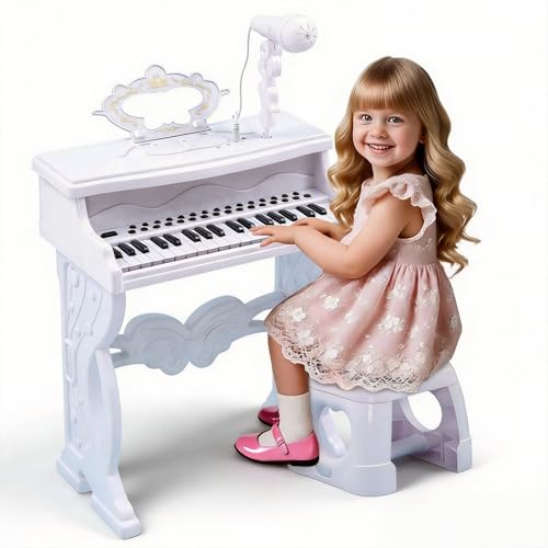 Teclado de piano para crianças, 37 teclas brinquedos de teclado de piano musical infantil portátil com microfone giratório de 360° e tamborete, brinquedo musical pedagógico com pernas removíveis para