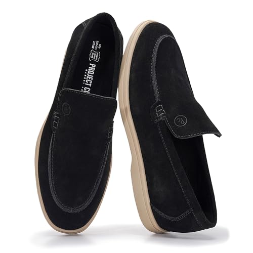 Project Cloud Mens Loafers 100% Genuine Leather with Memory Foam Insole Venetian Loafers for Men Footwear - Non Slip Moccasins Loafer Mens Casual Shoes (Mark BLKSDE 8) Black Suede