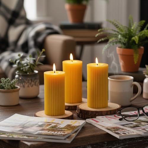 3 Pack Pure Beeswax Pillar Candles Bulk, Organic Ribbed Bees Wax Decorative Candles for Home Decor-1.96x3.85 Inch, Unscented Long Burning Natural Bees Wax Pillar Bulk Aesthetic Candles-105 Hours - Image 3