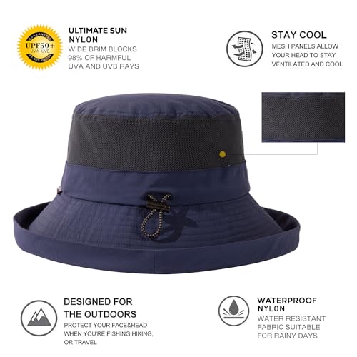 TOP-EX UPF 50 Sommer Sonnenhüte Damen mit Pferdeschwanz, Breiter Krempe Fischerhut für UV-Schutz, Wasserdicht regenhut, Kinnriemen, Atmungsaktiv Mesh, Faltbar, Safari Gärtner, Marineblau M