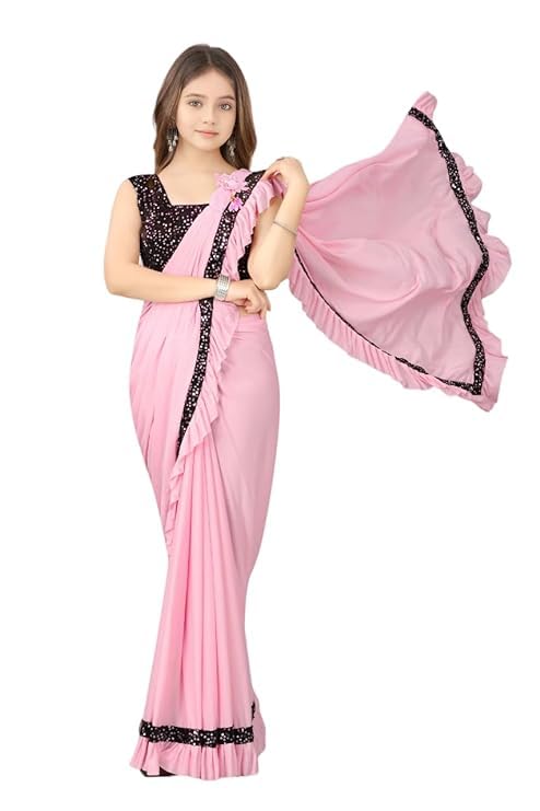 NILKANTHVARNI CREATIONKids Girls Lycra Blend Ready To Wear Saree With Sequence Blouse Piece (3-4 yrs to 12-13 yrs) (Baby Pink, 4-5 Years - S)