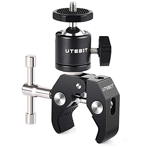 UTEBIT Super Clamp Mount with Ball Head Hot Shoe Adapter Aluminum Alloy Ballhead Arm Articulating Camera Clamp with 3/8" & 1/4" Screw for Flash Light, Tripod,LED Lights,Gopro,LCD Monitor