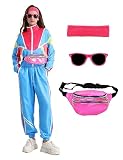 Poywuo 80er Jahre Outfit Damen,90er Jahre Kostüm 80s Trainingsanzug Jogginganzug Sportanzug Erwachsene Faschingskostüme für Mottoparty Karneval Halloween (Blau, XL)
