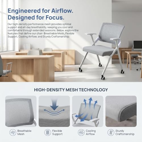 Image of Folding Office Chair Conference Room Chair with Armrest Mesh Back, Stackable Foldable Office Chair for Guest Reception Meeting Classroom Training Seminar (50, Gray- with Wheel)